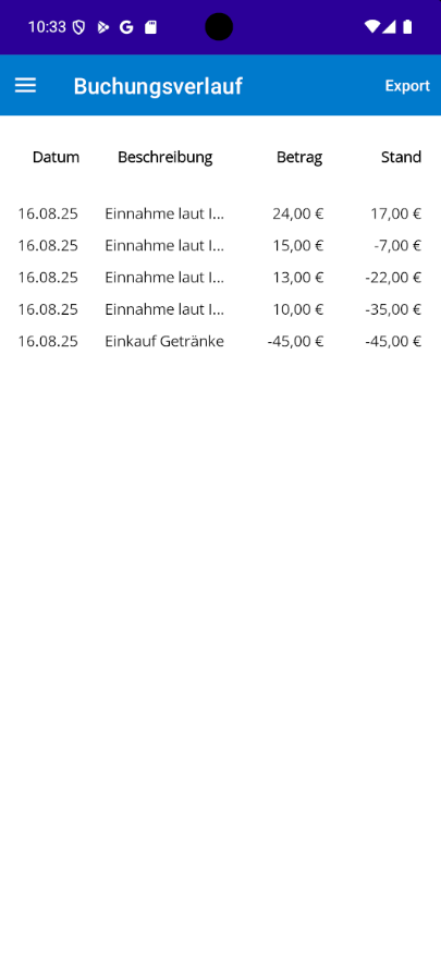 Screenshot des Buchungsverlaufs