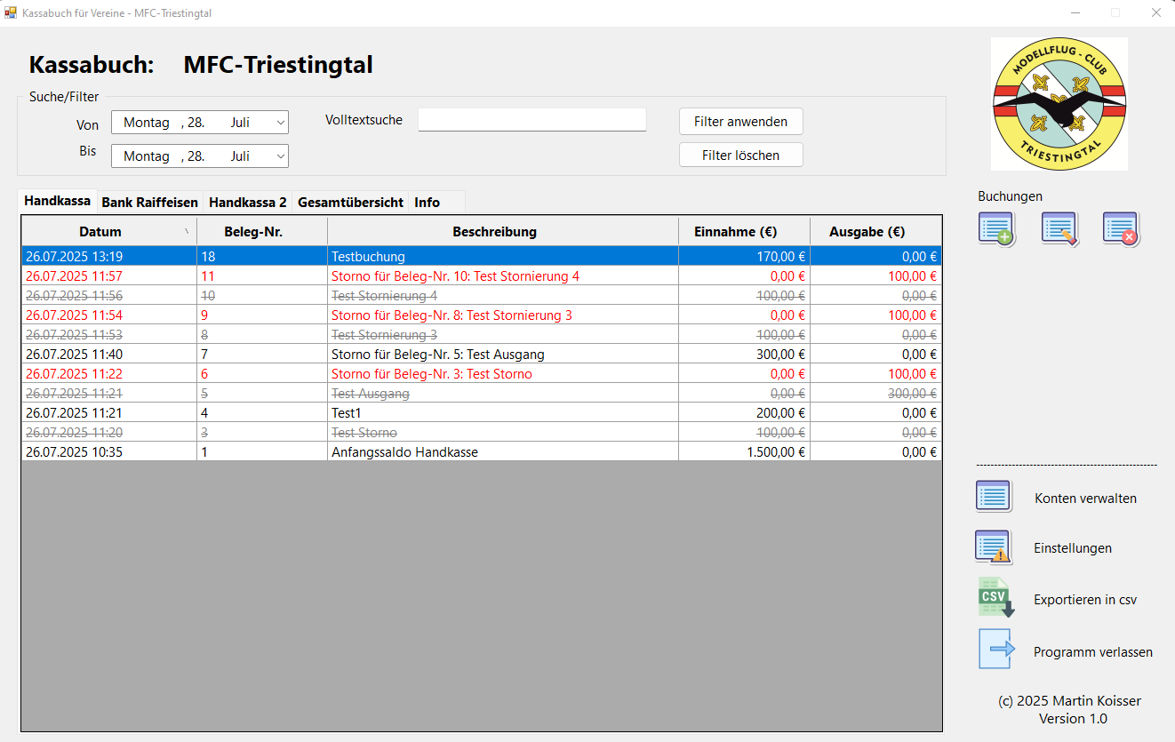 Übersicht der Konten in der Kassaverwaltung