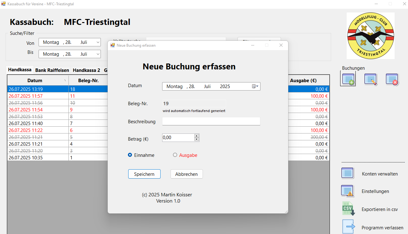 Eingabemaske für eine neue Buchung